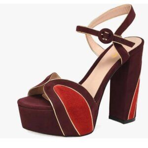 XYD Red Multi Chunky Heel Sandals Platform Open Toe Buckle Ankle Strap Shoes